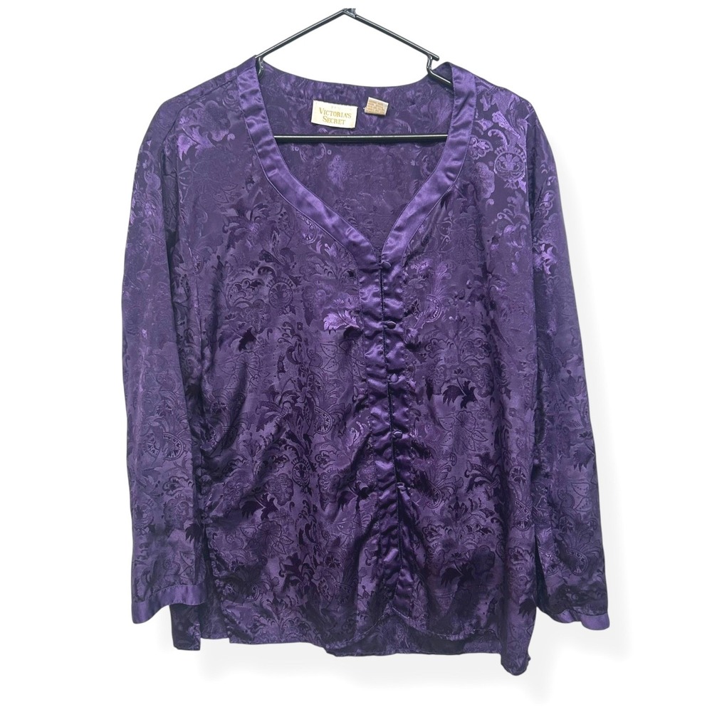 Victoria's Secret Gold Label Satin Pajama Top‎ M Purple Damask Vintage 90s Luxe